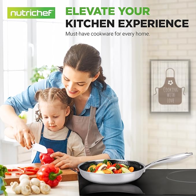 NutriChef 12" Stainless Steel Frying Pan with Lid- Triply Hybrid Large Skillet, Scratch-resistant Raised-up Honeycomb Fire Textured Pattern, Oven & DIshwasher Safe, NC3PL12