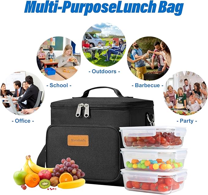 Macadamla Weinas Lunch bag for Women/Men,Reusable Lunch Box Leakproof Cooler Bag for Adult,Collapsible Lunch Bag with Adjustable Shoulder Strap for Work Office Picnic Beach Black