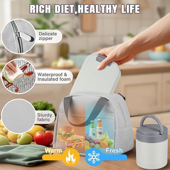 Large Bento Lunch Box Set for Adults Kids Women with 10.5oz Soup Thermo,Coffee Tumblers Men Girls Boys Teenagers Leak-Proof Lunch Food Containers with Lunch Bag