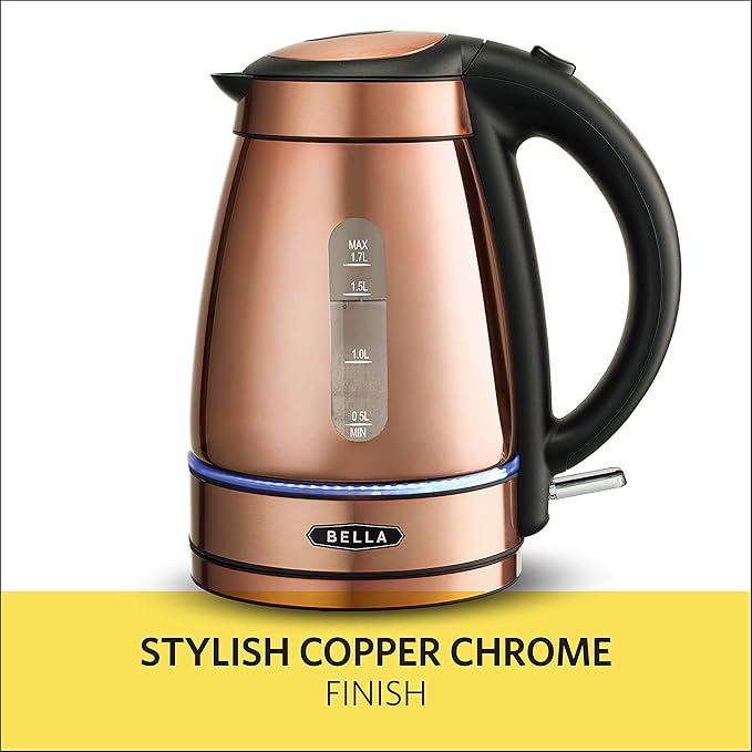 BELLA 1.7 Liter Electric Illuminated Glass Kettle, Quickly Boil Water for Tea, Coffee, Instant Soup and More, Safely Pour with Automatic Shut Off & Detachable Swivel Base, Chrome/Copper Finish