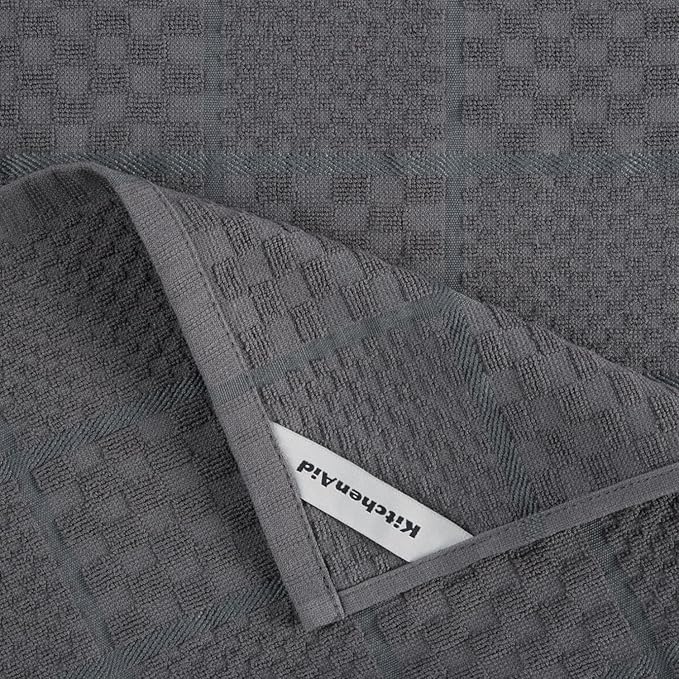 KITCHENAID Quilted Cotton Terry Cloth Oven Mitt, Pot Holder, Kitchen Towel 4-Pack Set, Heat Resistant, Silicone Grip, Gift Set, Charcoal Grey, 16"x26", 7"x13" & 7"x10"