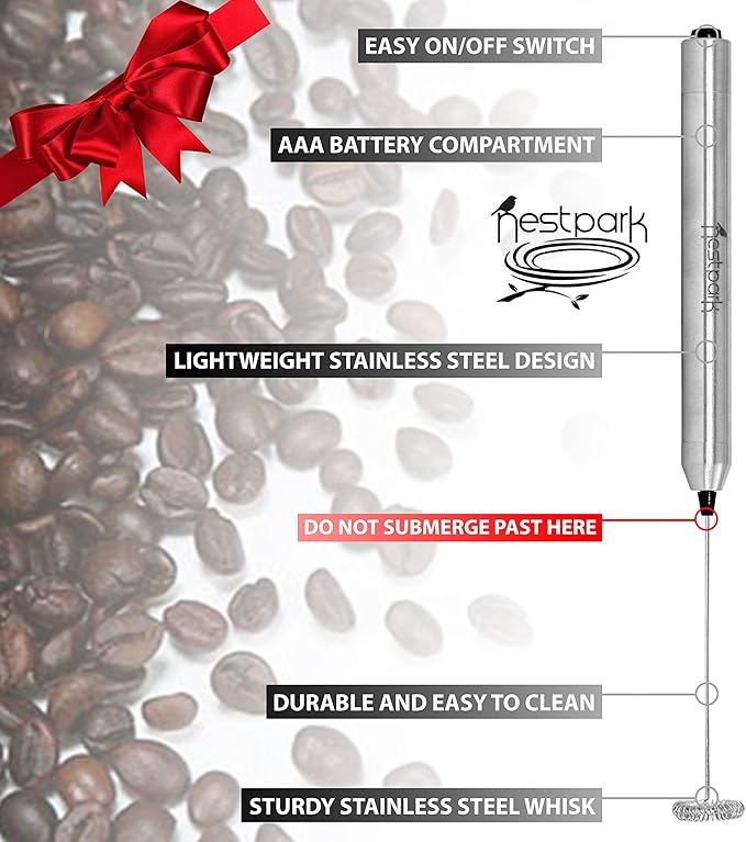 Nestpark Portable Drink Mixer and Milk Frother Wand - Small Hand-Held Mini Mixer Electric Stick Blender - Bulletproof Keto Coffee Blender Rapid Emulsifier - Cordless and Battery Operated