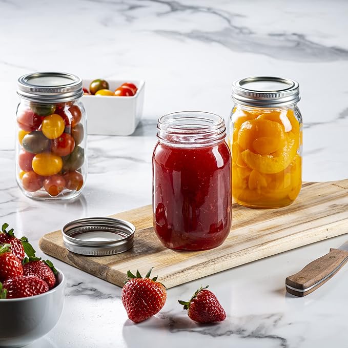 [6 Pack] 16 oz. Regular-Mouth Glass Mason Jars with Metal Airtight Lids and Bands for 1 Pint Canning, Preserving, & Meal Prep