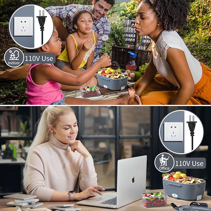 Vingud Electric Lunch Box, 3 in 1 Heated Lunch Box for Adults, Portable Heating Lunch Box with 1.5L Removable Stainless Steel Container for Office/Car/Truck, 110V 24V 12V, 80W-60W, Black Grey