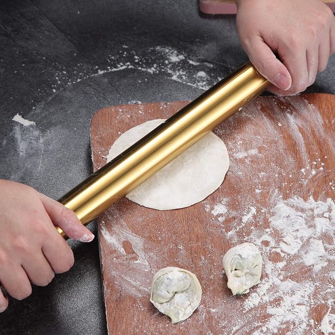 Berglander Gold Rolling Pin, 16.7 Inches Stainless Steel Matte Finish With Gold Titanium Plating Rolling Pin For Baking, Pizza, Dough, Pie, Cookie, Essential Kitchen Utensil Gift Ideas For Bakers.