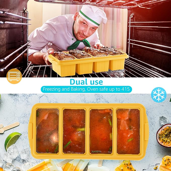 Silicone Freezer Tray With Lid - Silicone Freezer Food Molds- Large Ice Cube Tray,Silicone Freezer Container,Freeze & Store Soup, Sauce, Broth,Leftovers - Makes 4 Perfect 1 Cup
