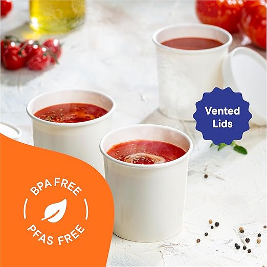 Stack Man [16 oz. - 50 Sets] Paper Food Container with Lid, Insulated Food Cups with Vented Lids - Hot or Cold To Go Soup Cup, for Soups, Ice Cream and Yogurt - Eco-Friendly - White
