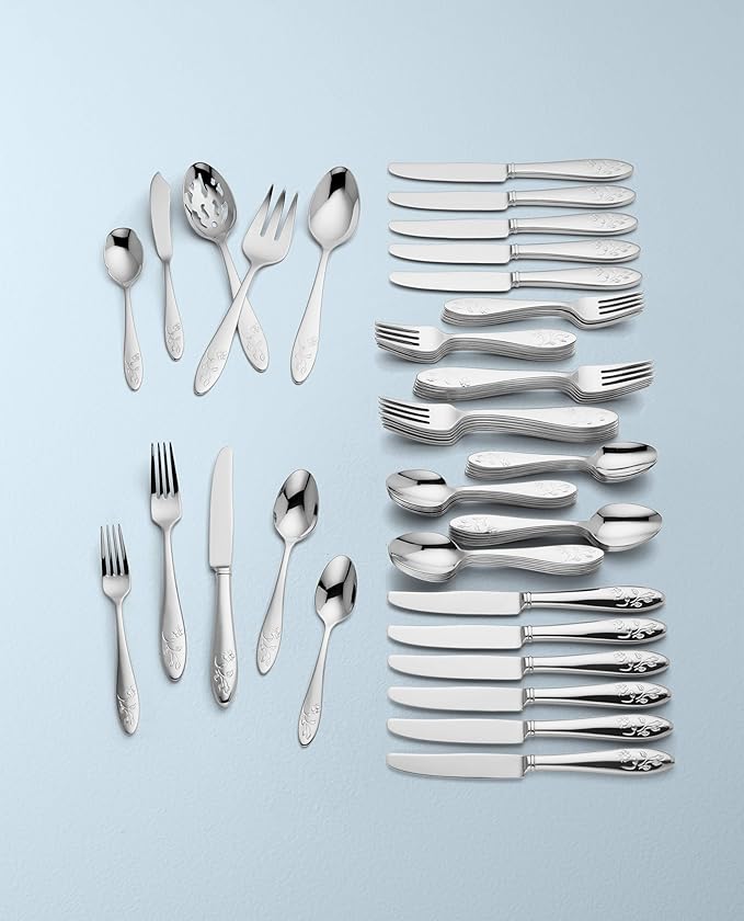 Lenox Silverware Set For 12, Butterfly Meadow 65-Piece Flatware Set, Service For 12, 18/10 Stainless Steel, Dishwasher Safe, Butterfly and Flower Motif, Includes Serving Utensils (Silver, 65 Piece)