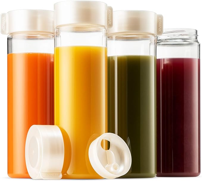 Komax Reusable Juice Bottles, Set of 4 Leak-Proof Juice Containers with Lids for Fridge, BPA-Free Plastic Smoothie Bottle Set, Dishwasher-Safe Wide Mouth Juicing Bottles (18.5 oz)