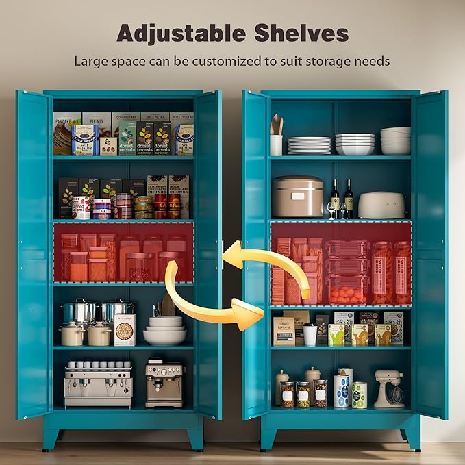 71" Tall Metal Pantry Cabinet, Kitchen Storage Cabinet with 2 Doors and 4 Adjustable Shelves for Kitchen, Living Room, Dining Room, Bathroom and Home, Office (Blue, 71" H)