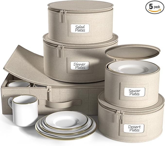 Sorbus China Storage Containers Hard Shell - Glass & Dish Storage Containers for Transport, Moving, Party - 5 Pc. Stackable Plate Storage Set for Dinnerware, Mugs, Cups - Felt Plate Protector included