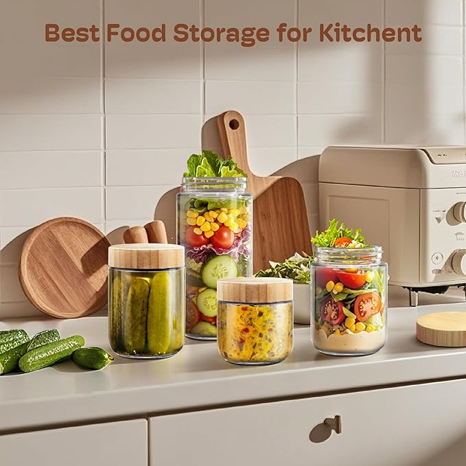 6 pack 24oz Overnight Oats Containers with Bamboo Lids, Glass Jars with Airtight Lids for Meal Prep, Wide Mouth Mason Salad Jars, Glass Food Storage Container for Yogurt Chia Snacks Spice Sugar