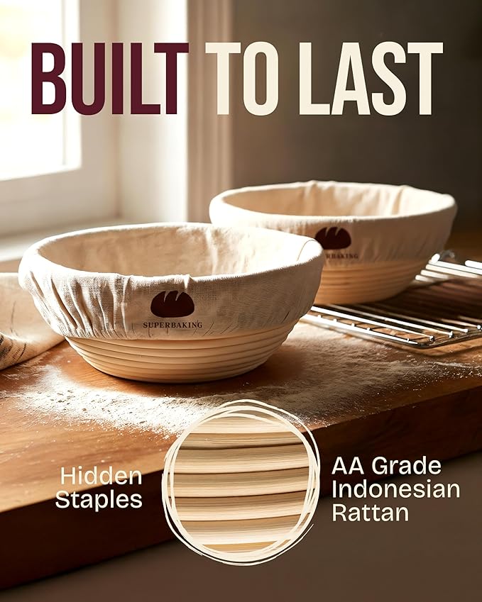 Superbaking Banneton Bread Proofing Basket Set of 2, 9" Splinter-Free Round Rattan Bread Basket with Liners, Sourdough Starter Kit, Sourdough Bread Baking Supplies & Sourdough Kit, Bread Making Tools