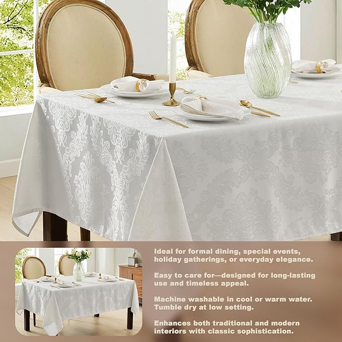 Newbridge Barcelona Luxury Damask Fabric Tablecloth, 60” Wide x 144” Rectangle, White, 100% Polyester, No Iron, Soil Resistant Dining Room, Party and Banquet Table Cover
