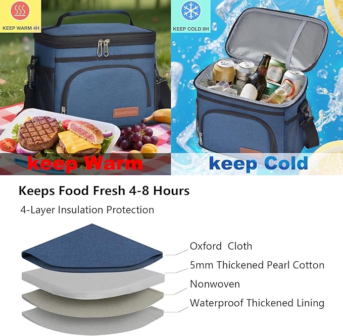 ExtraCharm Insulated Lunch Bag for Women/Men - Reusable Lunch Box for Office Picnic Hiking Beach - Leakproof Cooler Tote Bag Organizer with Adjustable Shoulder Strap for Adults - Blue