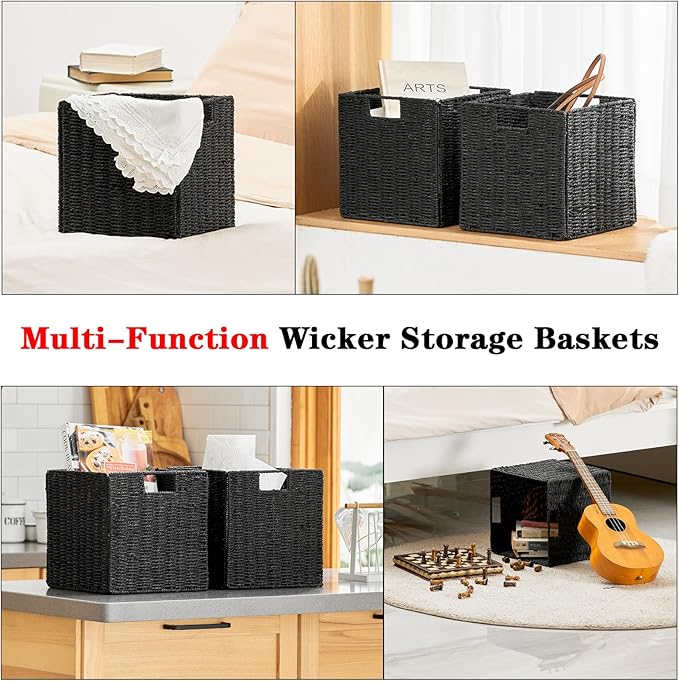 Vagusicc Wicker Storage Basket, Set of 2 Hand-Woven Wicker Basket, Foldable Cube Storage Bin, Black Storage Basket, Square Storage Baskets for Organizing Shelves & Decor, Black (11″×11″×11″)