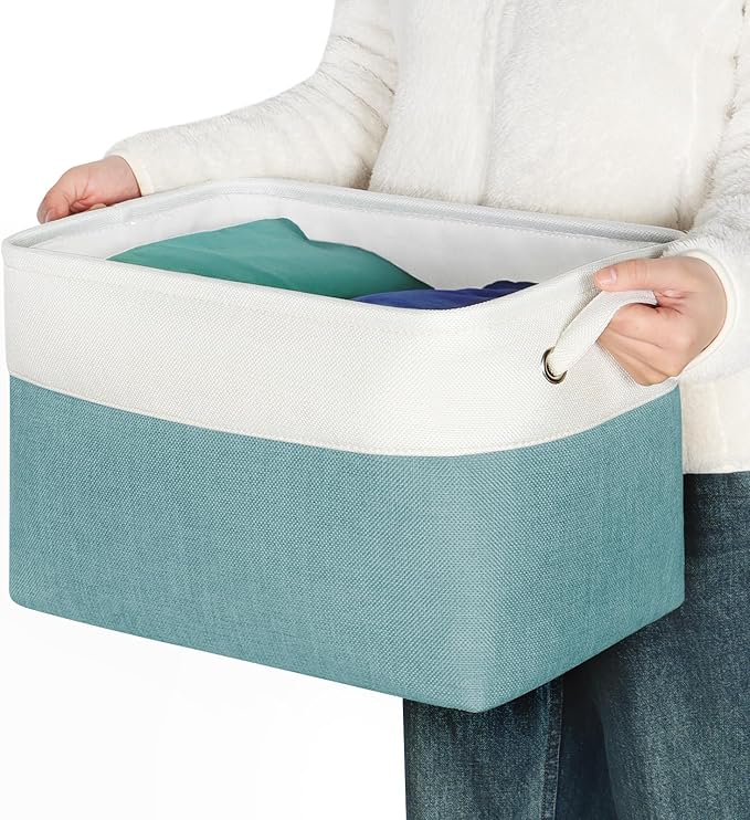 Kntiwiwo Foldable Storage Bin Collapsible Fabric Storage Basket Cube with Durable Handles Closet Organizer Bins for Organizing Shelves Drawers, Set of 3, 15" x 10" x 9.5", Teal