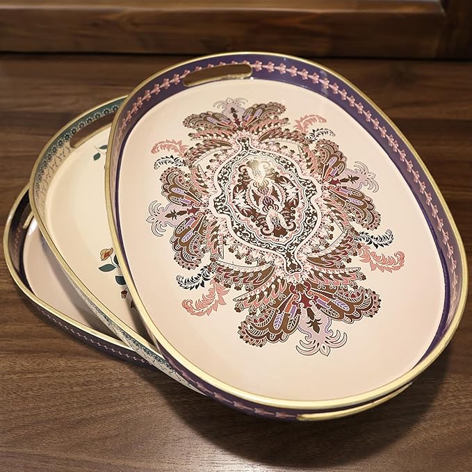 Oval Plastic Serving Tray with Handles, Elegant Decorative Tray for Coffee Table, Ottoman, Living Room, Kitchen, Outdoor Use. 10"*16"*1.4" B