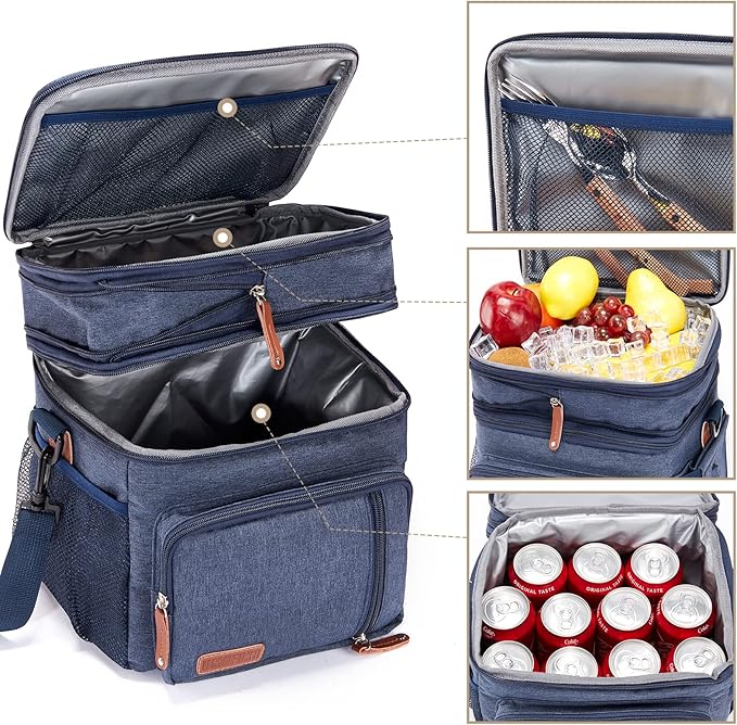 Men's Double Compartment Lunch Bag, Insulated Lunch Cooler Tote 2 Roomy Large Reusable Water-resistant Lunch Box (Blue)