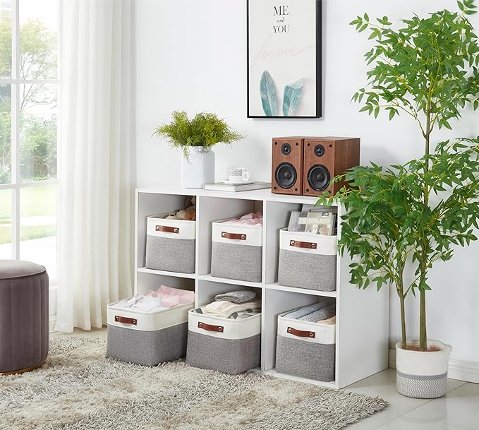 DECOMOMO Storage Baskets for Shelves - Fabric Storage Bins, Linen Closet Organizers and Storage (Grey & White, XL - 4 Pack)