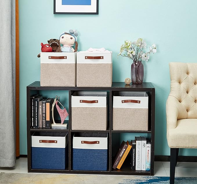 DECOMOMO Kallax Storage Cubes - 13x15x13 Storage Bins, Baskets for Organizing Shelves (Beige and White, 3-Pack)