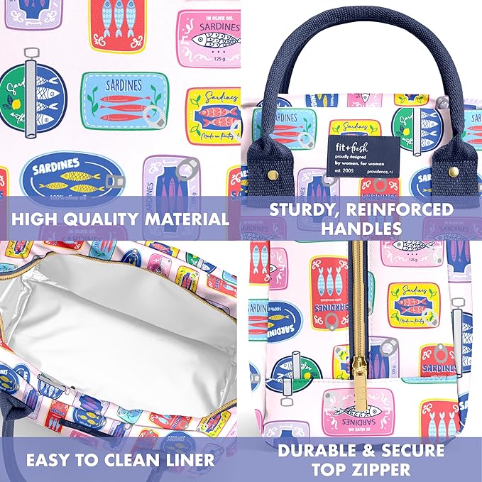 Fit & Fresh Bloomington Lunch Bag for Women - Insulated Large Lunch Box for Work with Containers, Leak-Resistant, Stain-Resistant, Zipper Closure, Multicolored Sardines