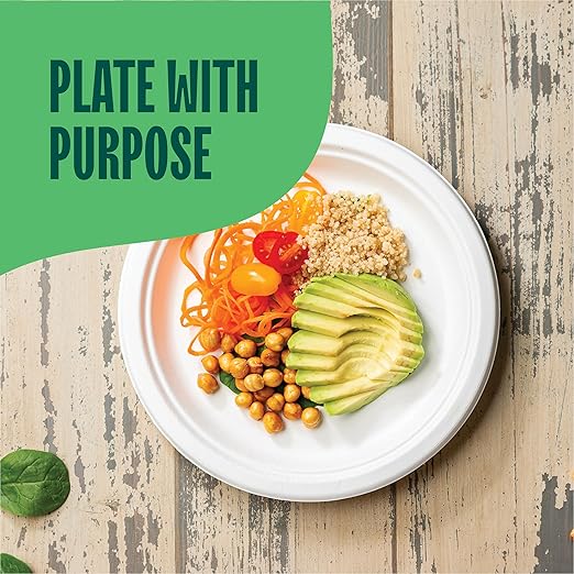 100% Compostable Paper Plates 9 Inch [500 Count] Heavy-Duty Dinner Plates - Natural White Color Unbleached Bagasse - Eco-Friendly Disposable Biodegradable Sugarcane Plates - [Bulk Case 4/125 Pack]