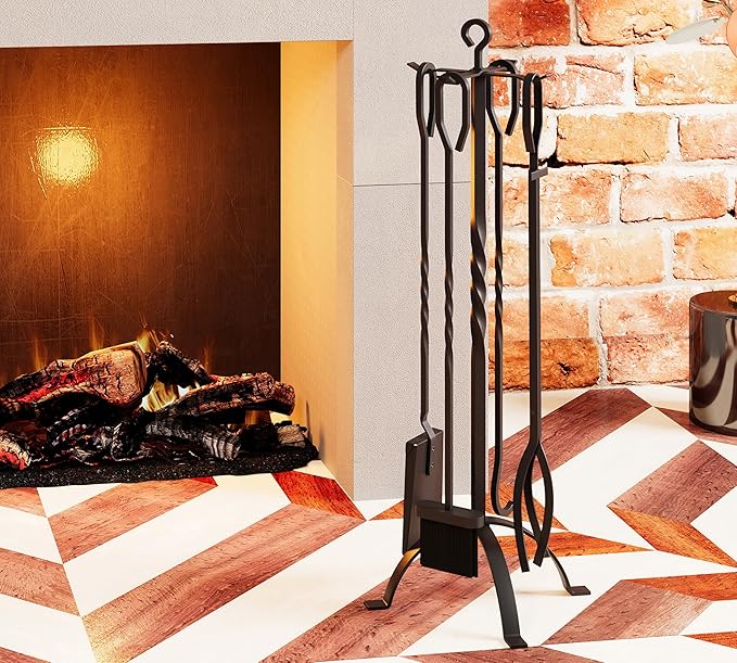 Fire Beauty 5 Pieces Fireplace Tools Sets Fireplace Accessories Tools Holder with Handles Tools for Indoor Fireplace Decor Outdoor Fire Pit Modern Tool(Black)