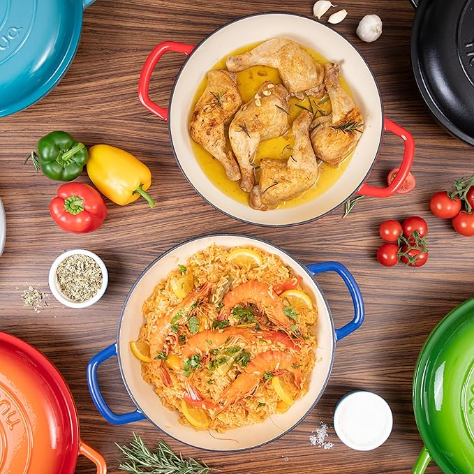 Shallow Cast Iron Casserole with Lid – Non Stick Dutch Oven Pot, Oven Safe up to 500° F – Sturdy Ovenproof Stockpot Cookware – Enamelled Cooking Pot – Blue, 5-Quart, 32cm – by Nuovva