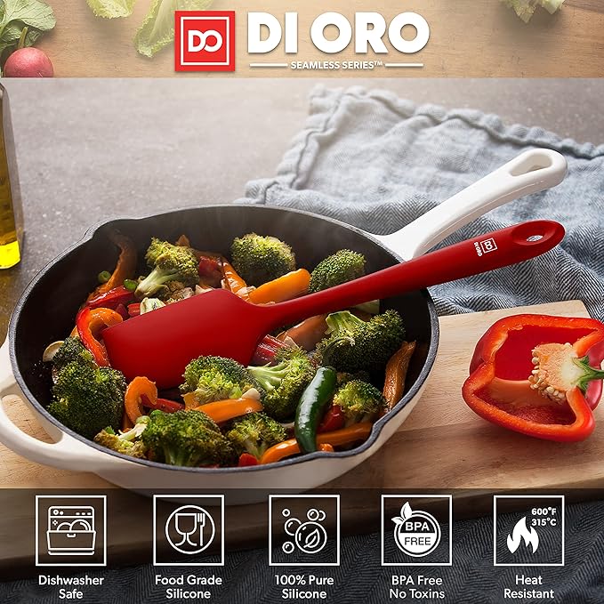 DI ORO - Large Silicone Spatula - 600ºF Heat-Resistant Spatula - Seamless Design - Pro-Grade Non-Stick Silicone Rubber with Reinforced Stainless Steel S-Core Technology (RED)