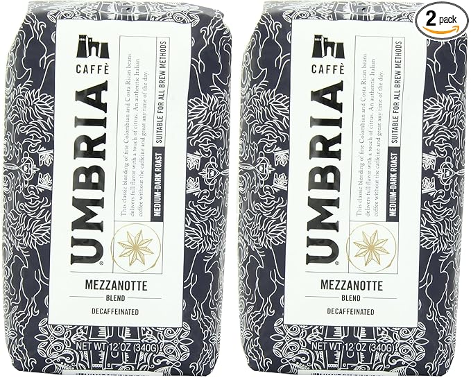 Caffe Umbria Fresh Seattle Whole Bean Roasted Coffee, Mezzanotte Decaf Blend, 12 oz. Bag (Pack of 2)