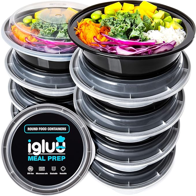 Igluu Meal Prep Containers Reusable (10 Pack) – Round Food Containers with Lids – Stackable, Microwave, Freezer & Dishwasher Safe – 28oz/828ml – 1 Compartment – BPA-Free