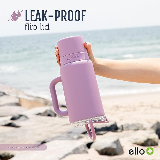 Ello Port 40oz Tumbler with Carry Loop & Integrated Handle, Vacuum Insulated Stainless Steel Reusable Water Bottle, Travel Mug with Leak Proof Lid and Straw, Perfect for Iced Coffee and Tea, Mauve