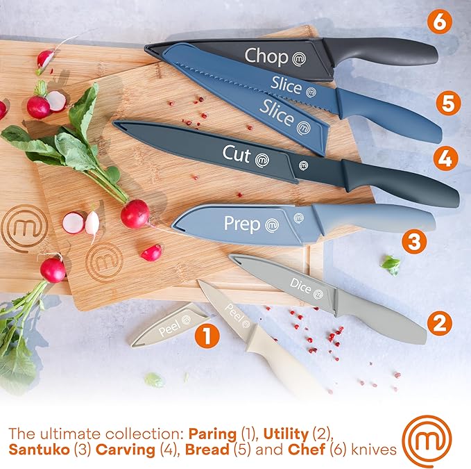MasterChef Kitchen Knife Set with Covers, 6 Professional Chef Knives for Home Kitchens, Extra Sharp Cutting Stainless Steel Blades & Protective Sheaths, Soft-Touch Easy-Grip Handles, Nordic Blues