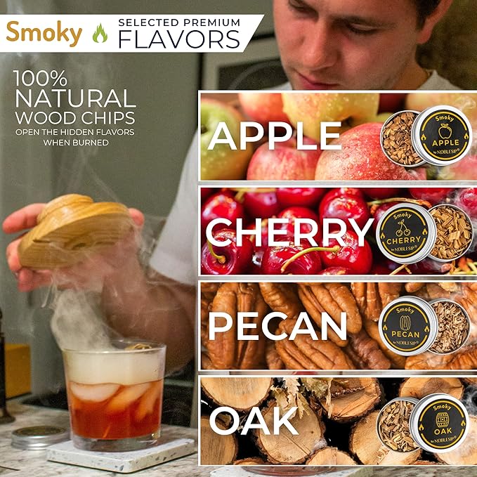 NobleSip Whiskey Bourbon Smoker Kit 𝗣𝗥𝗘𝗠𝗜𝗨𝗠 Smoky bar Set. Natural American Solid Oak Smoker. A Great Home bar Gift, Easily Make The Legendary Smoked Cocktails and Old fashioneds at Home.