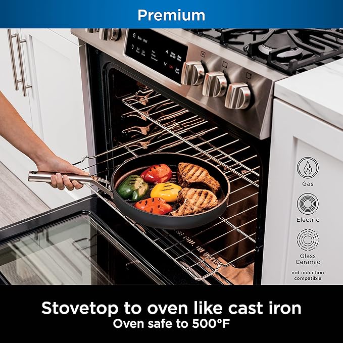 Ninja C30530 Foodi NeverStick Premium 12-Inch Round Grill Pan, Hard-Anodized, Nonstick, Durable & Oven Safe to 500°F, Slate Grey
