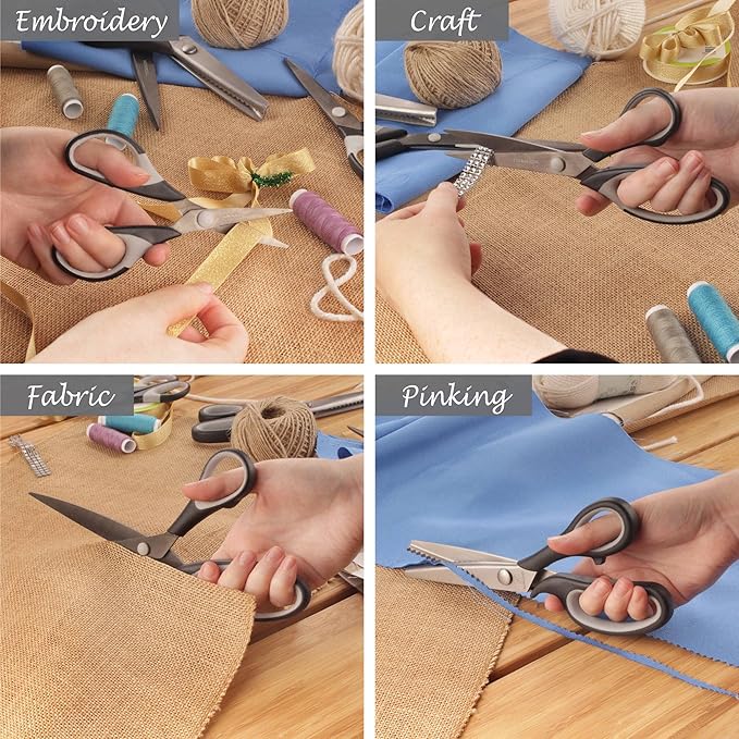 BambooMN Titanium Softgrip Scissors Set - Pinking, Sewing, Arts, Crafts, Office - 3 Sets of 4 - Black w/Grey Inlays