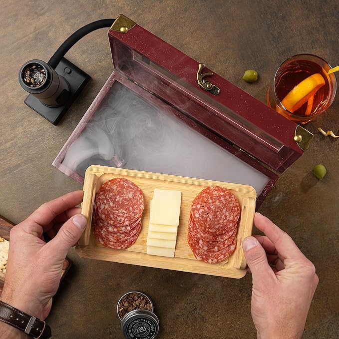 BOURBON&BARREL Cocktail Smoker Kit | Crafted with Walnut Wood | Whiskey Smoker Kit with Instant Smoker, Smoking Box, Food Tray and 4 Varieties of Wood Chips | Old Fashioned Smoker [Cherry Stain]