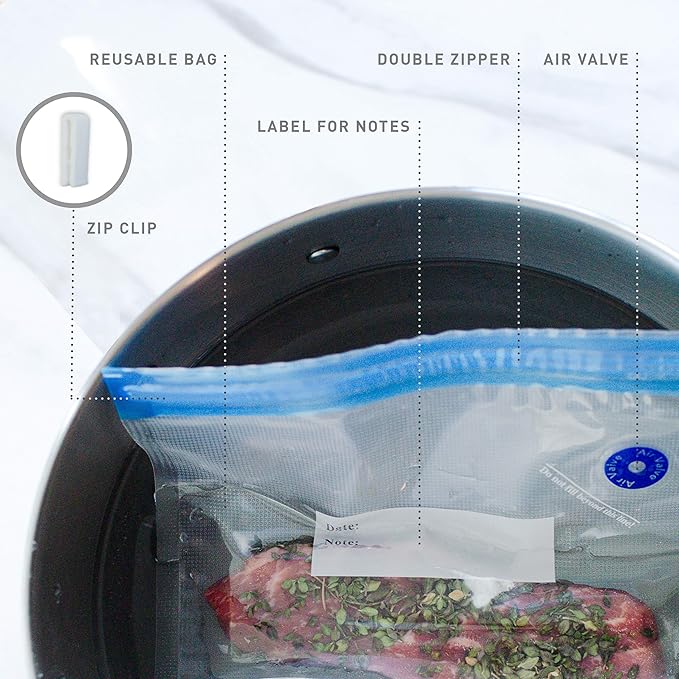Sous Vide Bags for Joule and Anova Cooker - 52 Pieces Kit with Vacuum Sealer Bags, Hand Pump, Clips - 3 Bag Sizes, Food Storage, Meal Prep - Fits Any Sous Vide Cooking Machine