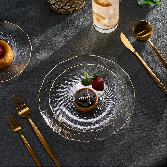 PLASTICPRO 30 Pack Plastic Plates Set of 15-10 inch Plates and 15-7 inch Plate, Elegant Clear Spiral and Gold Rim Disposable Fancy Plate Premium Heavyweight