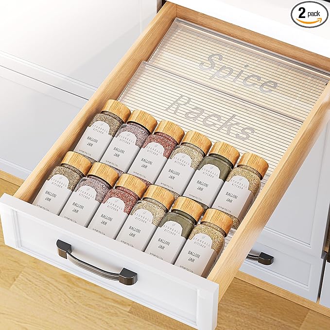 Spice Drawer Organizer, 2 Tier- 2 Pack Clear Acrylic Drawer Seasoning Organizer, Expandable From 11'' to 22'' Kitchen Spice Rack Organizers and Storage for Drawer (Jars not included)