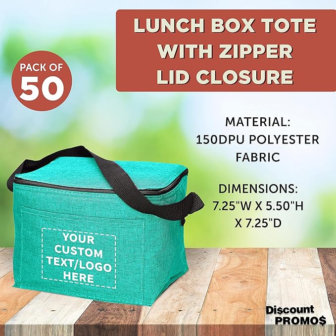 DISCOUNT PROMOS Custom Insulated Cooler Lunch Bag Set of 50, Personalized Bulk Pack - Perfect for Work, Travel, Outdoor Events - Mint