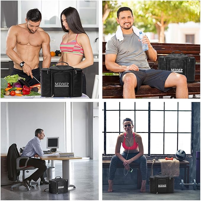 Meal Prep Lunch Bag/Box For Men, Women + 3 Large Food Containers (45 Oz.) + 2 Big Reusable Ice Packs + Shoulder Strap + Shaker With Storage. Insulated Lunchbox Cooler Portion Control Set (Black)