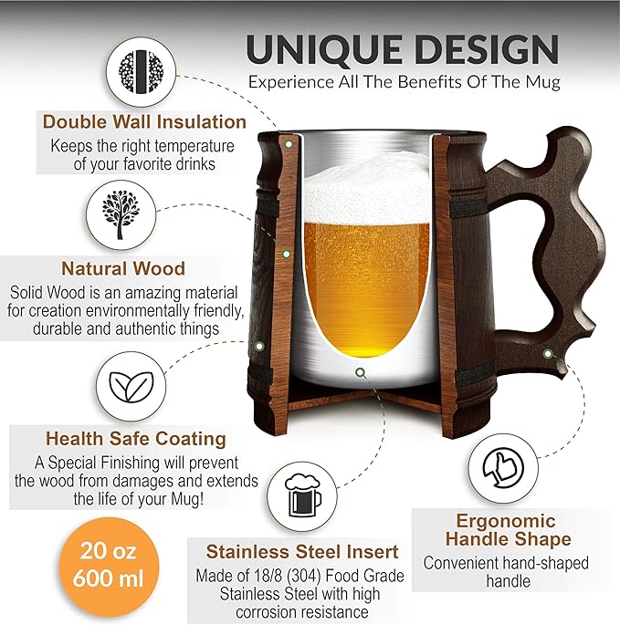 Beer Mug 20 OZ - Tankard Mug - Beer stein - Wooden beer mug - Stainless Steel Cup - Handmade Gifts for Men - Fathers Day, Christmas or Birthday Gift Idea - Men Mug - Retro Brown