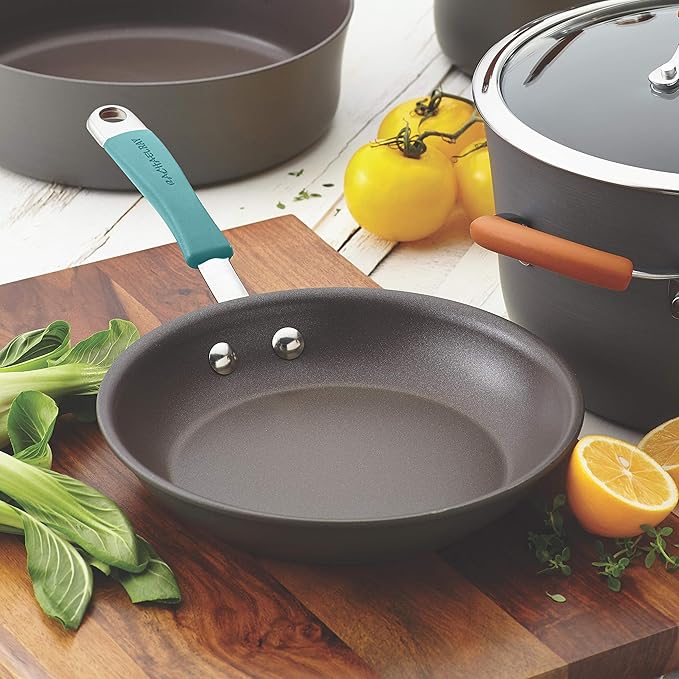 Rachael Ray 87643 Cucina Hard Anodized Nonstick Frying Pan Set / Fry Pan Set / Hard Anodized Skillet Set - 9.25 Inch and 11.5 Inch, Gray with Blue Handles