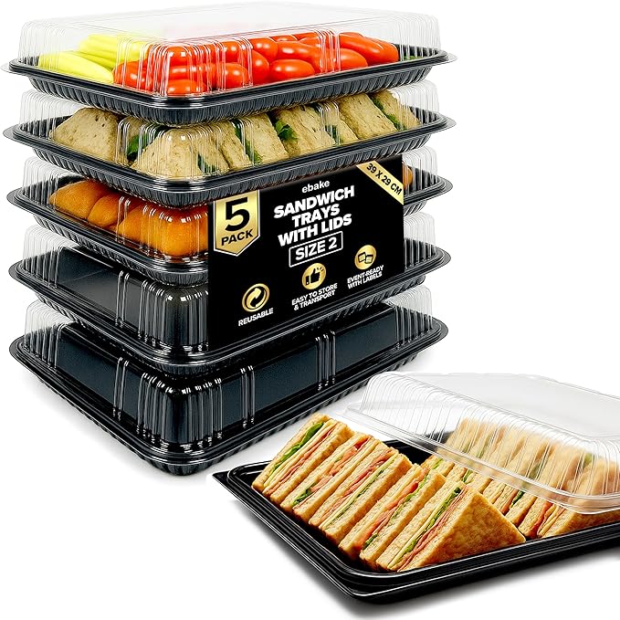 5 Pack Catering Trays with Lids – 15" Serving Tray with Lid, Heavy Duty Recyclable Plastic Party Platters for Catering, Buffet, Picnics & Events – Food Trays with Clear Lid (15.35 × 11.42 × 2.95 inch)