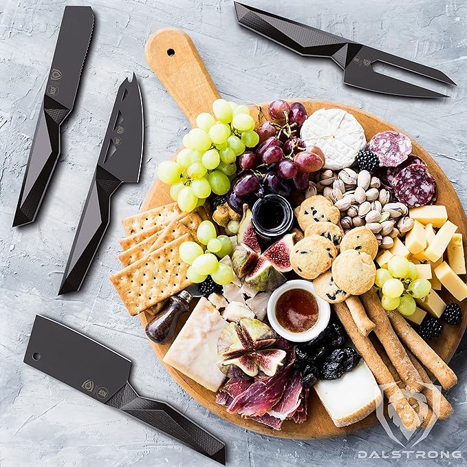 DALSTRONG Cheese Knife Set - 4-Piece - Shadow Black Series - Black Titanium Nitride Coated - High Carbon - 7CR17MOV-X Vacuum Treated Steel Cheese Knives Set - Sheath - Soft Hard Cheese - NSF Certified