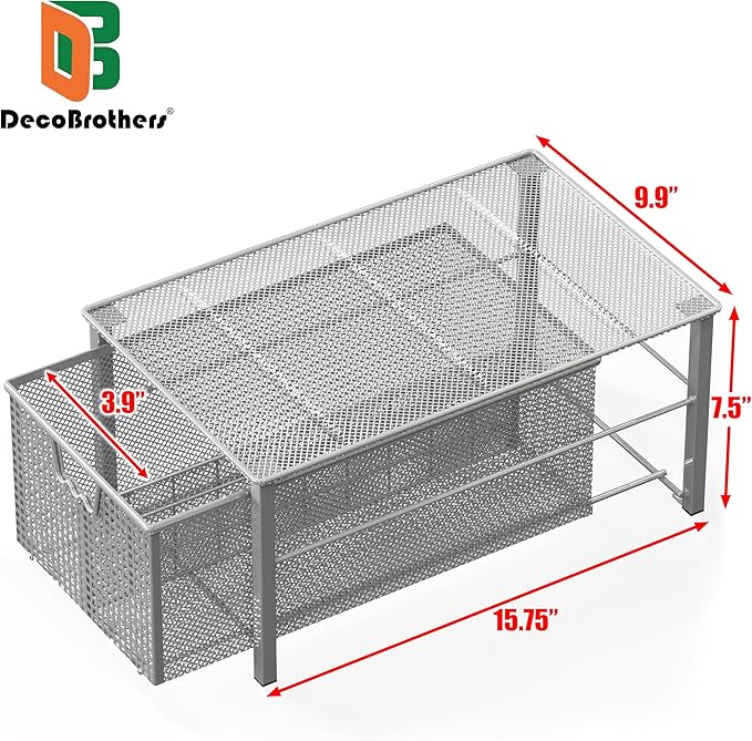 Deco Brothers Stackable Pull Out Cabinet Sliding Basket with Dividers, Large, Silver
