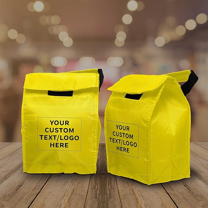 DISCOUNT PROMOS 100 Hook and Loop Insulated Lunch Bags Set - Customizable Text, Logo - Polyester, Durable, Vibrant, Reusable - Yellow