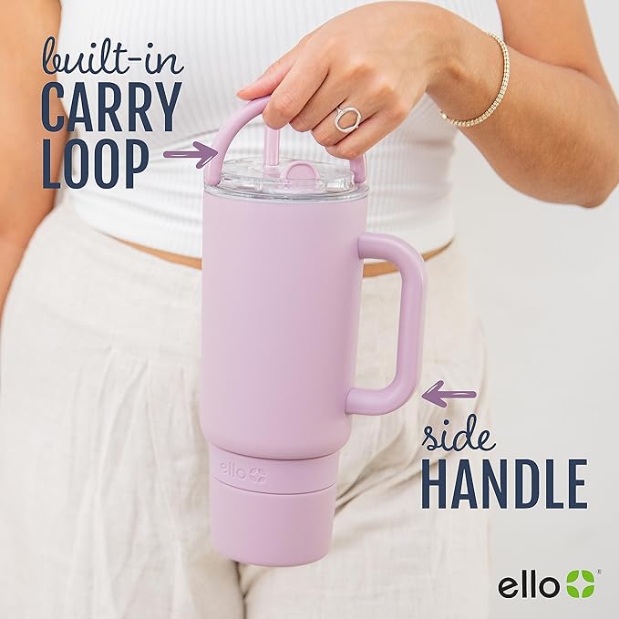 Ello Port 40oz Tumbler with Carry Loop & Integrated Handle, Vacuum Insulated Stainless Steel Reusable Water Bottle, Travel Mug with Leak Proof Lid and Straw, Perfect for Iced Coffee and Tea, Mauve